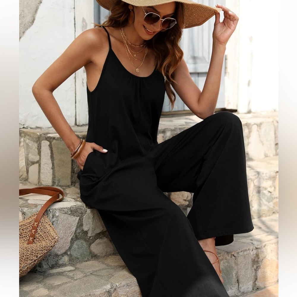 Black Bohemian Backless Loose Wide Leg Cami Ling Pant Jumpsuit Size XS NWT